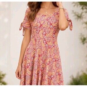 Chaps Floral Paisley Tie Short Sleeve 100% Cotton Maxi Dress 1X